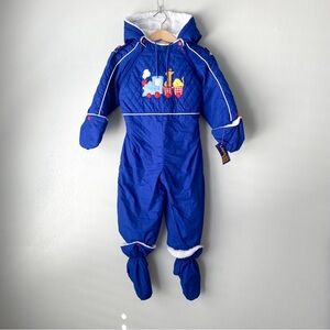 Vintage Deadstock London Fog Train Print Snow Suit Blue 24M